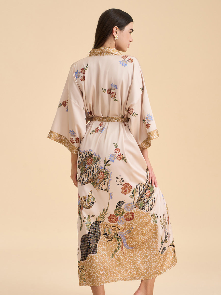 Oriental Bird & Floral Satin Kimono Robe