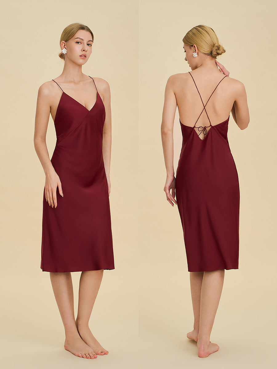 Burgundy Satin Midi Slip Dress with Crisscross Back