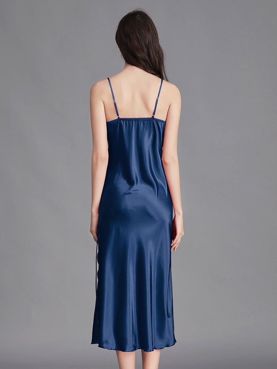 Navy Blue Satin Lace Trim Slip Dress