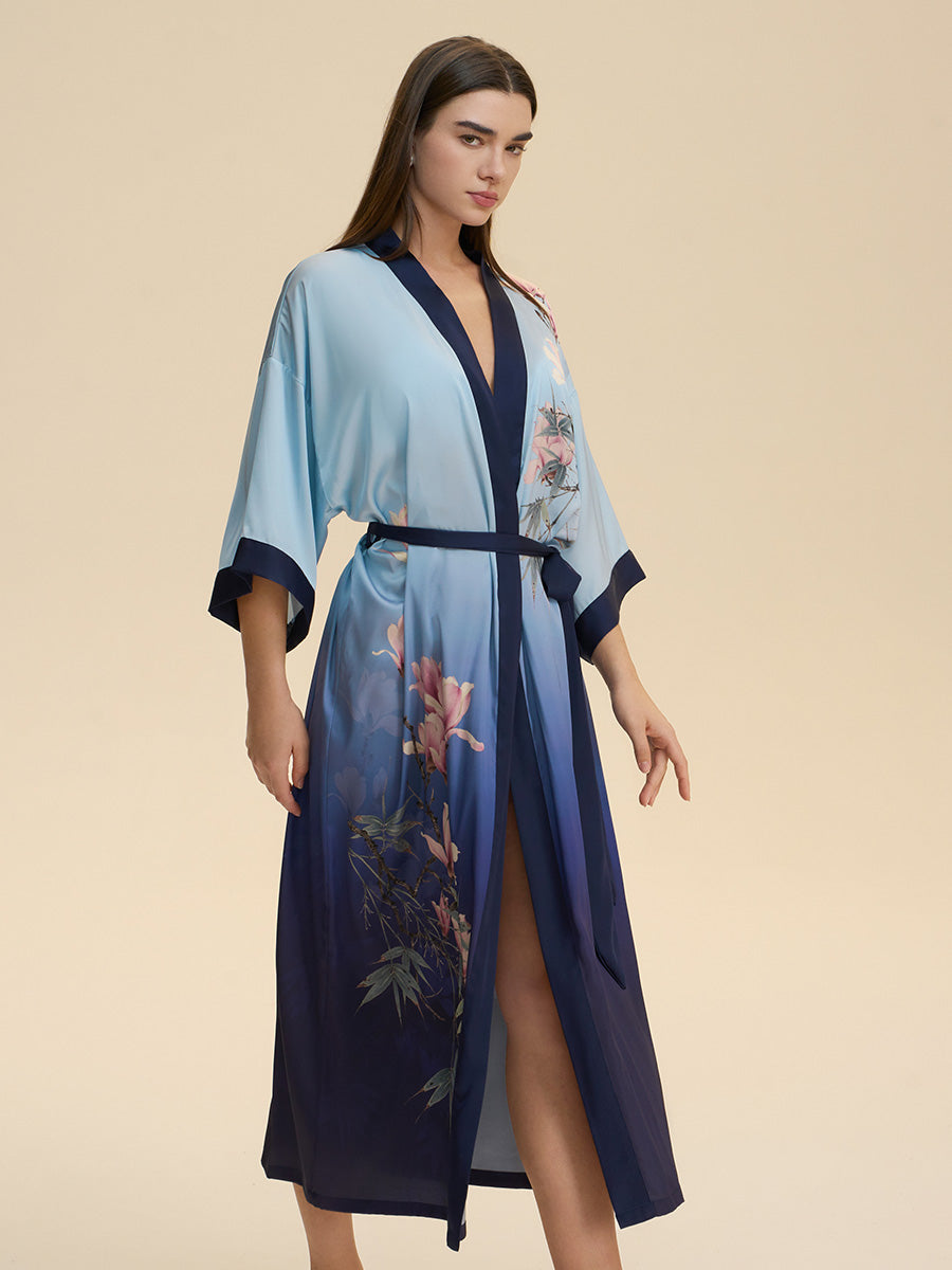 Magnolia Print Ombre Satin Kimono Robe