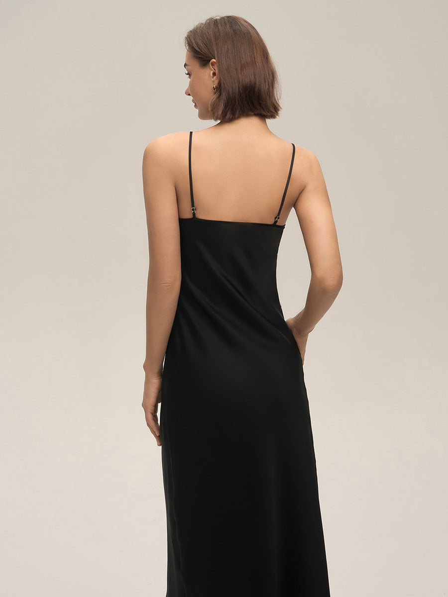 Black Lace Satin Midi Slip Dress