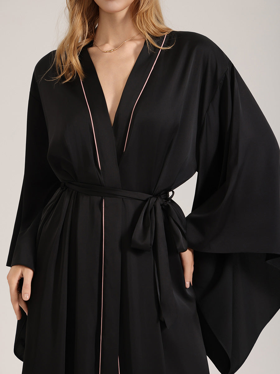 Black Satin Robe with Pink Piping
