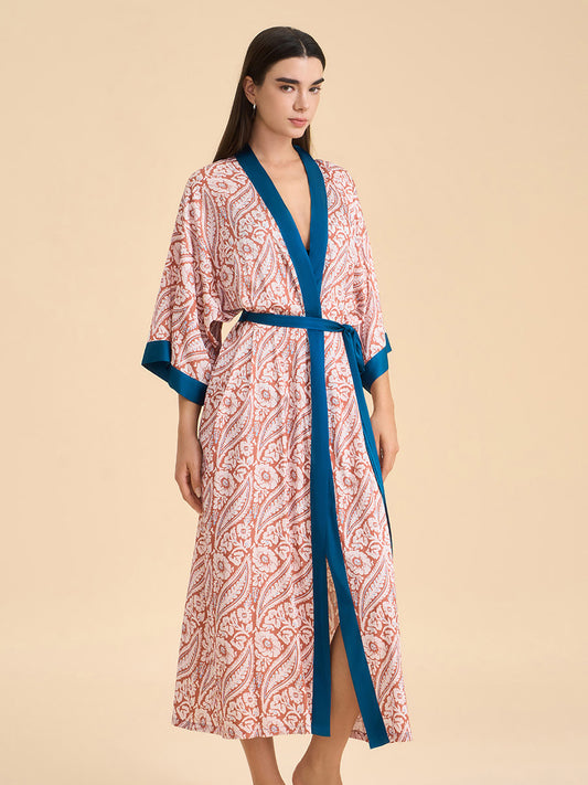 Paisley Contrast Trim Satin Kimono Robe