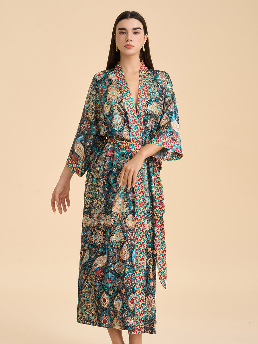 Peacock Print Satin Kimono Robe