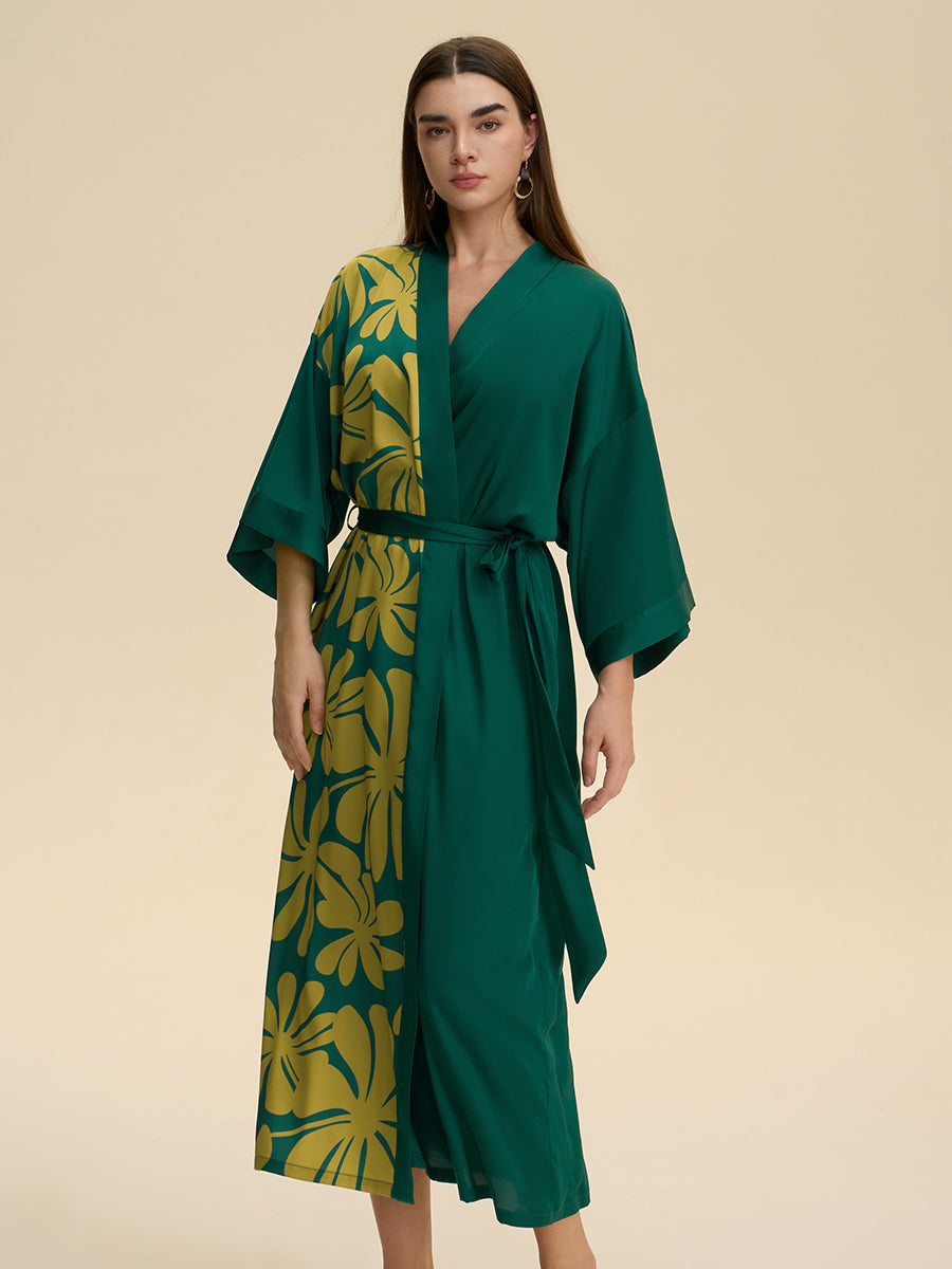 Colorblock Floral Satin Kimono Robe