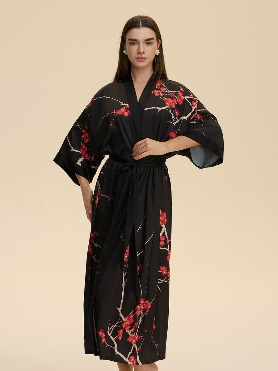 Plum Blossom Satin Kimono Robe