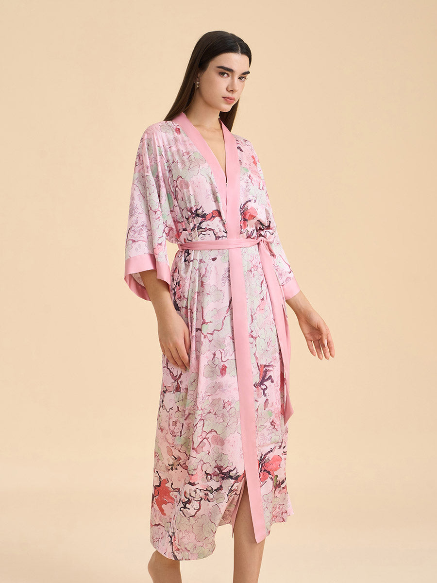 Pink Oriental Vine Satin Kimono Robe