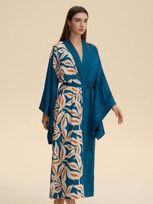 Teal Leaf Print Satin Kimono Robe