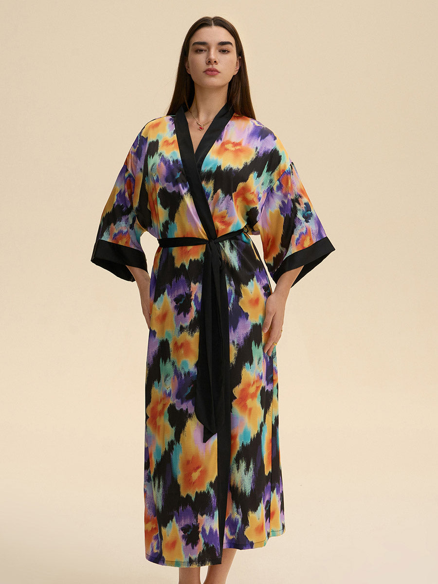 Tie-Dye Floral Satin Kimono Robe