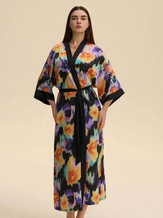 Tie-Dye Floral Satin Kimono Robe