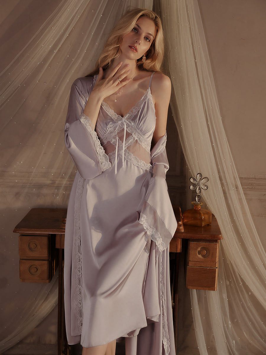 Misty Purple Long Lace Satin Nightwear Set