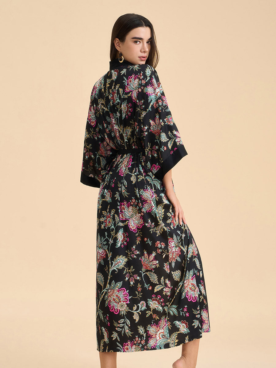 Midnight Floral Satin Kimono Robe