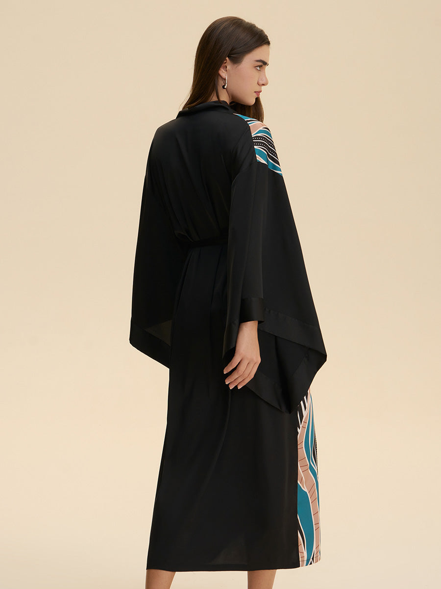 Black Abstract Wave Print Satin Kimono Robe