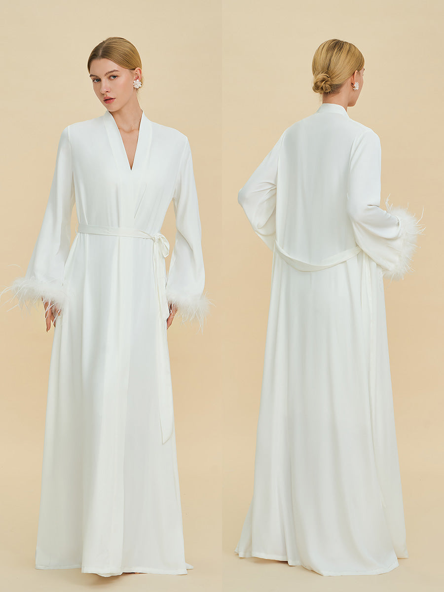 White Satin Maxi Robe with Feather Cuffs