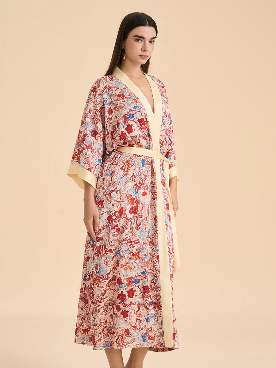 Artistic Marble Print Satin Kimono Robe