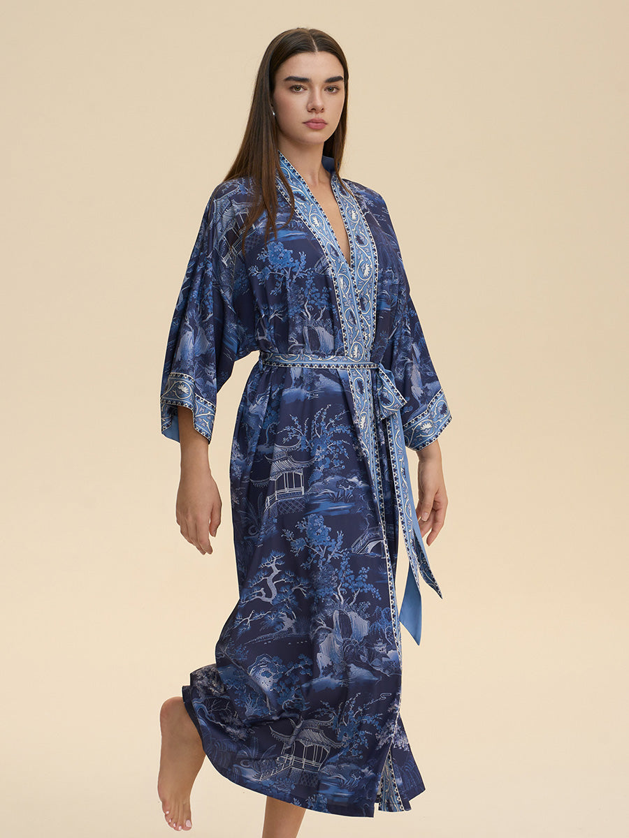 Blue Willow Landscape Satin Kimono Robe