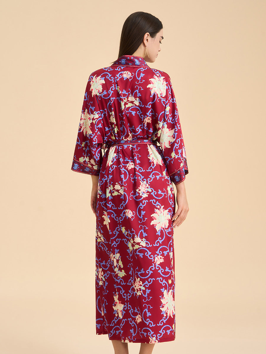 Crimson Floral Satin Kimono Robe