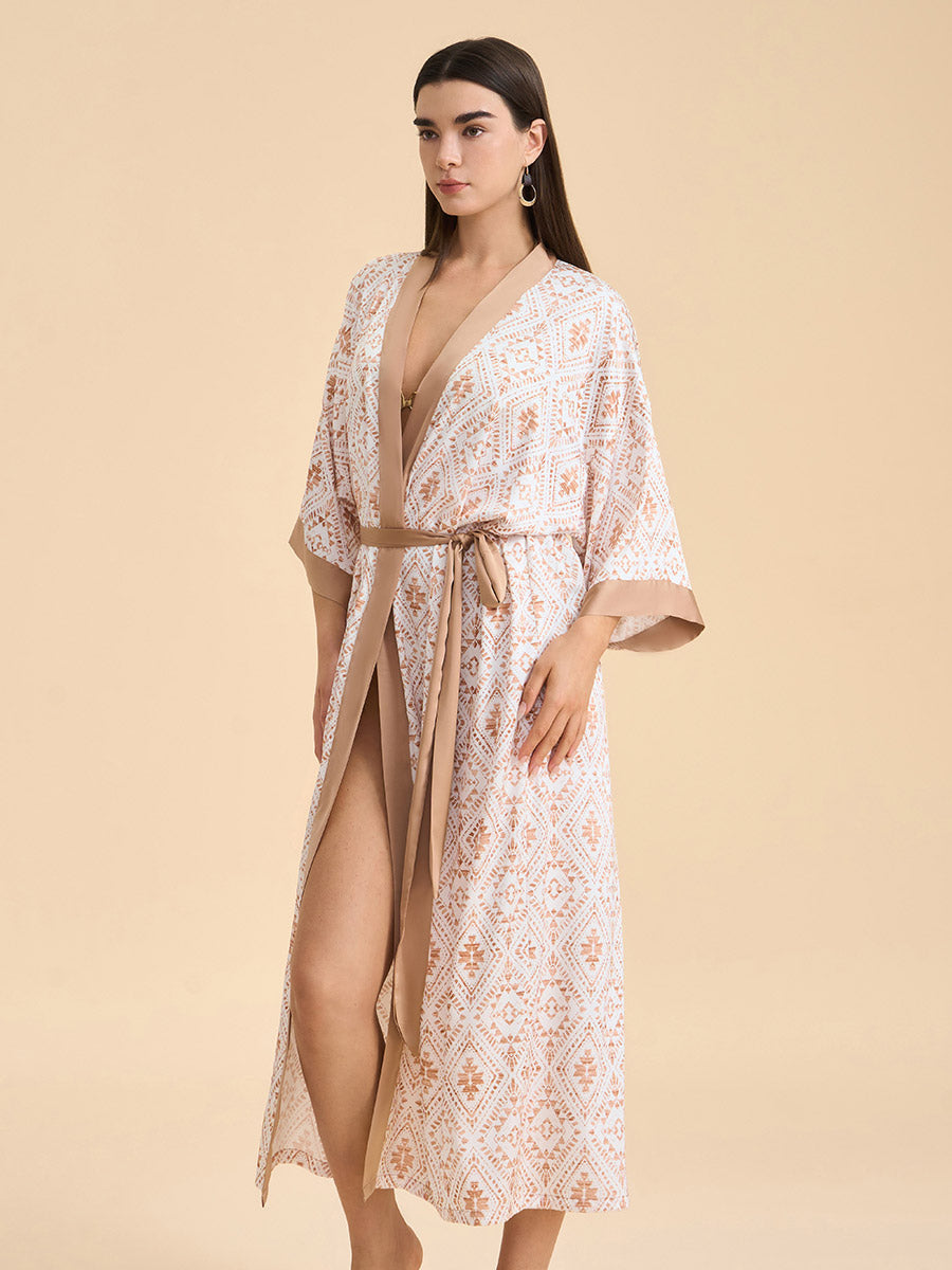 Geometric Jacquard Satin Kimono Robe
