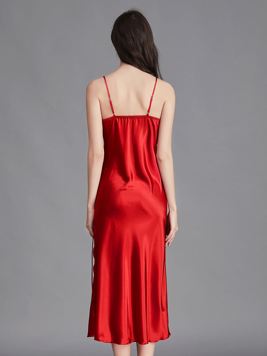 Red Silky Lace Trim Slip Dress