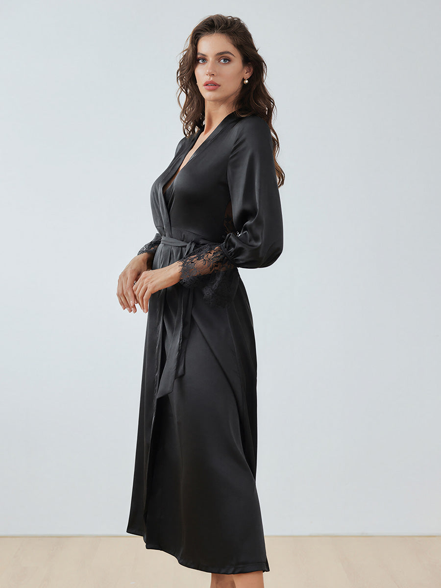Black Satin Chiffon Maxi Robe