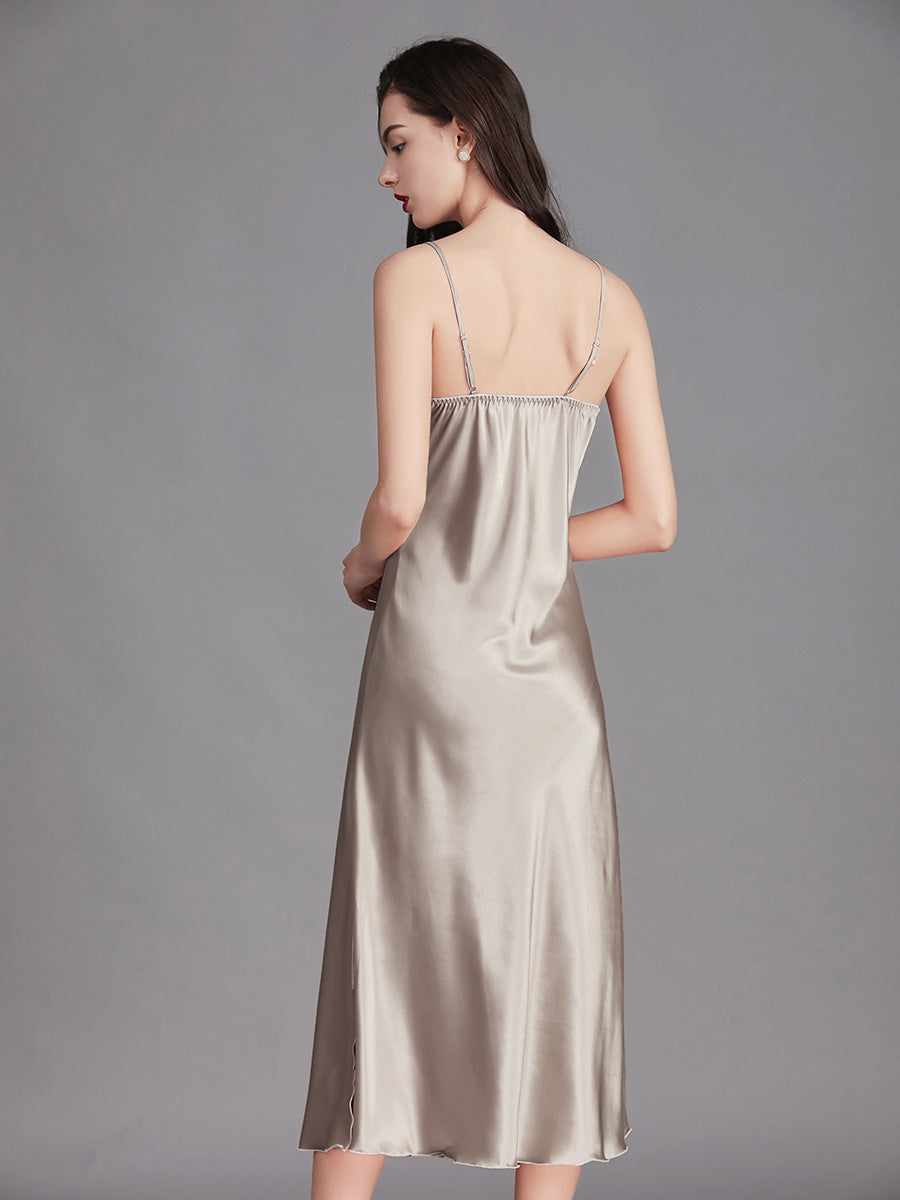 Light Grey Silky Lace Trim Slip Dress