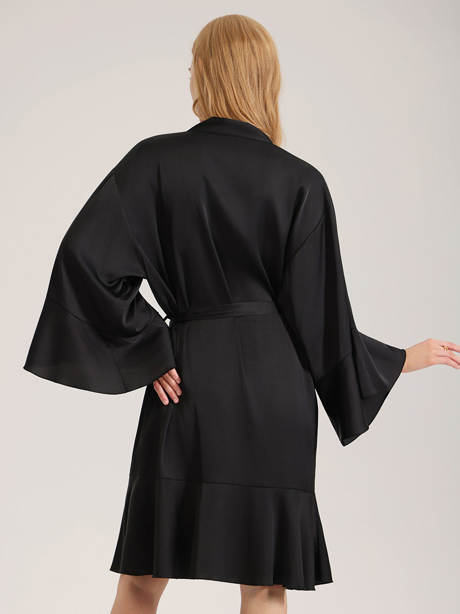 Black Satin Ruffle Hem Robe
