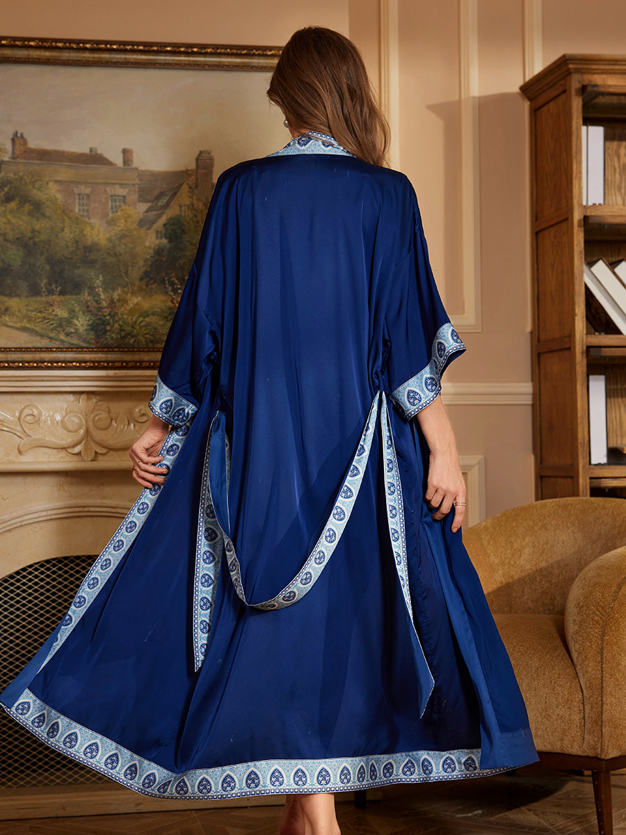 Deep Blue Trim Satin Chiffon Kimono Robe