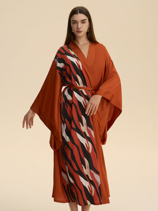 Rust Abstract Stripe Print Satin Kimono Robe