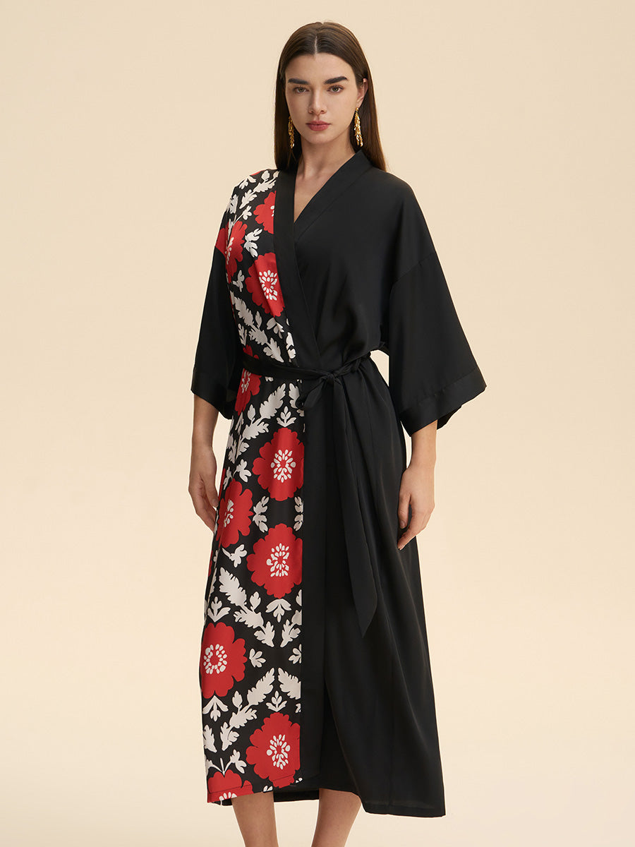 Bold Floral Colorblock Satin Kimono Robe