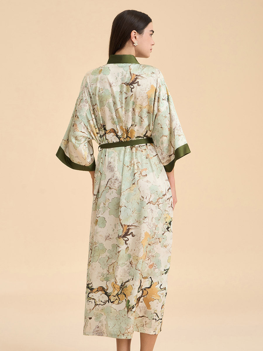 Ink Wash Botanical Satin Kimono Robe