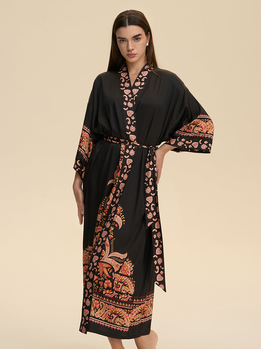 Black Paisley Satin Kimono Robe