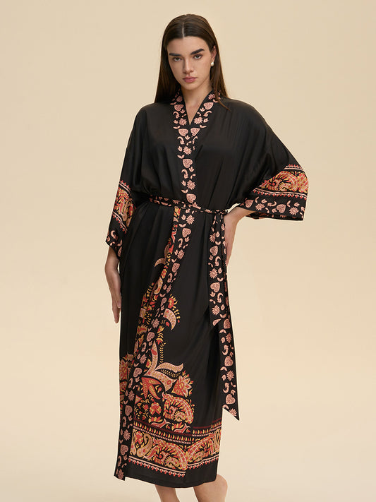 Black Paisley Satin Kimono Robe