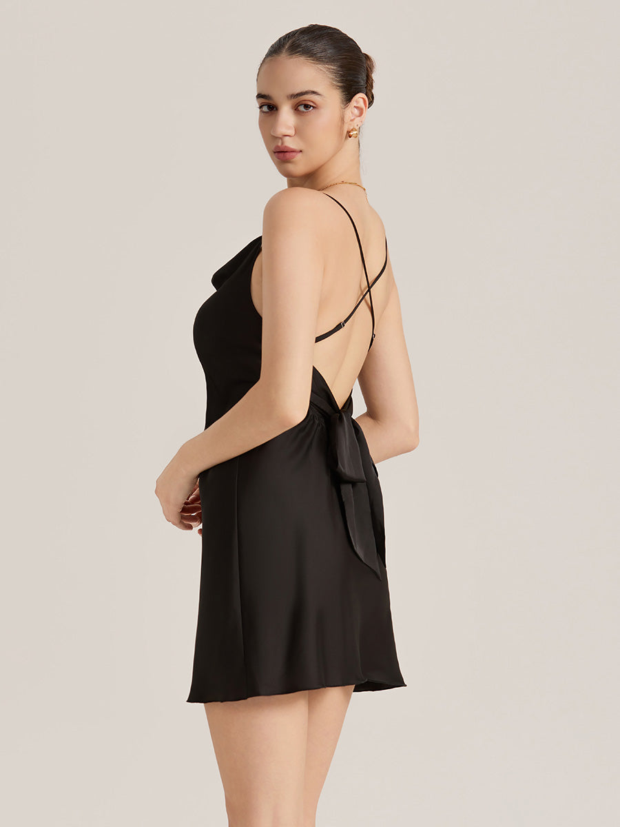 Black Cowl Neck Back Bow Satin Mini Slip Dress