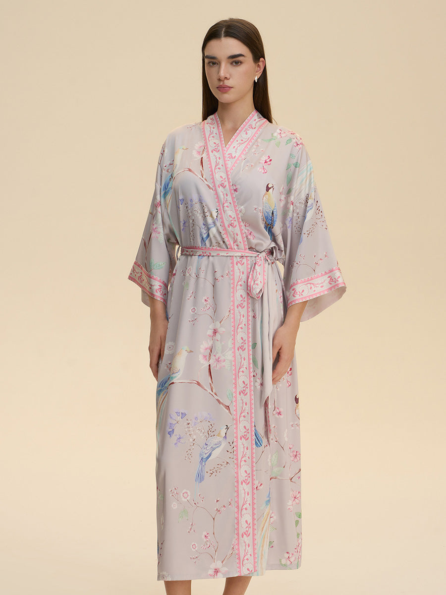Pastel Bird & Floral Satin Kimono Robe