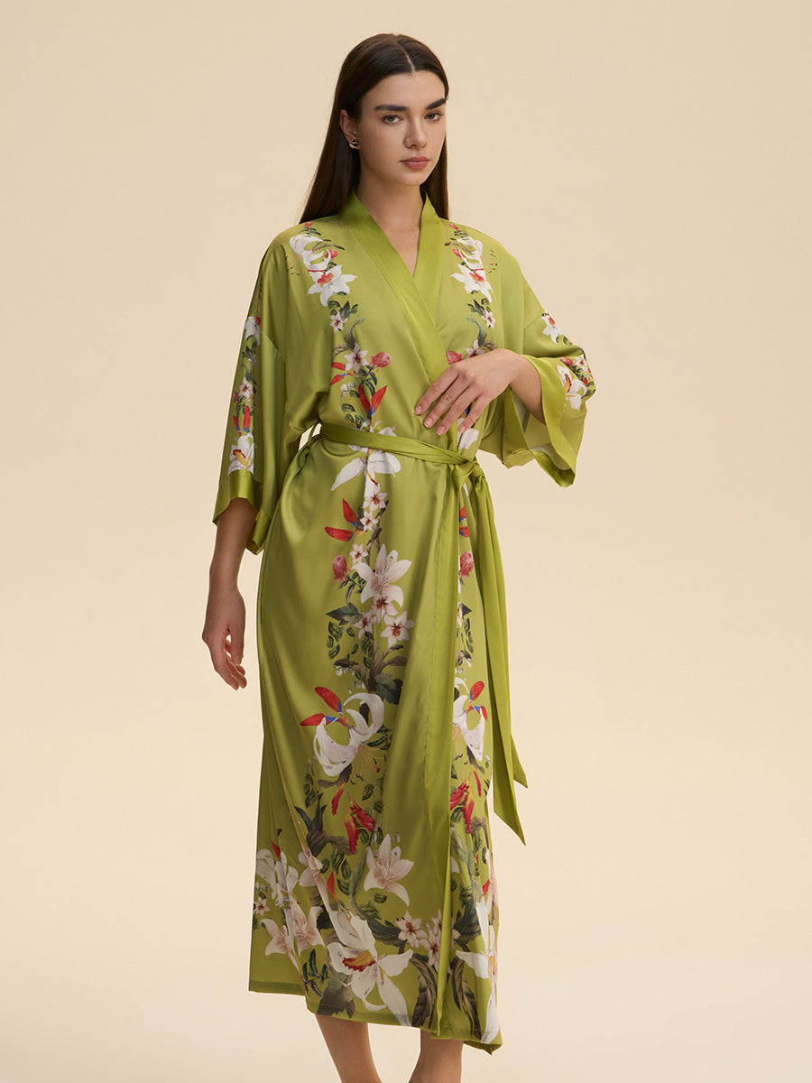 Lily Print Satin Kimono Robe