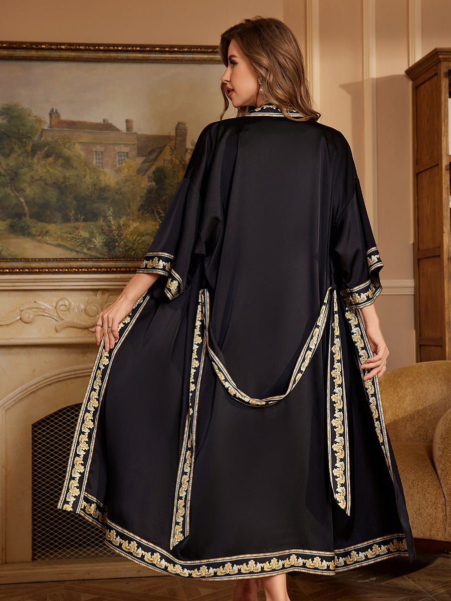 Black Trim Satin Chiffon Kimono Robe