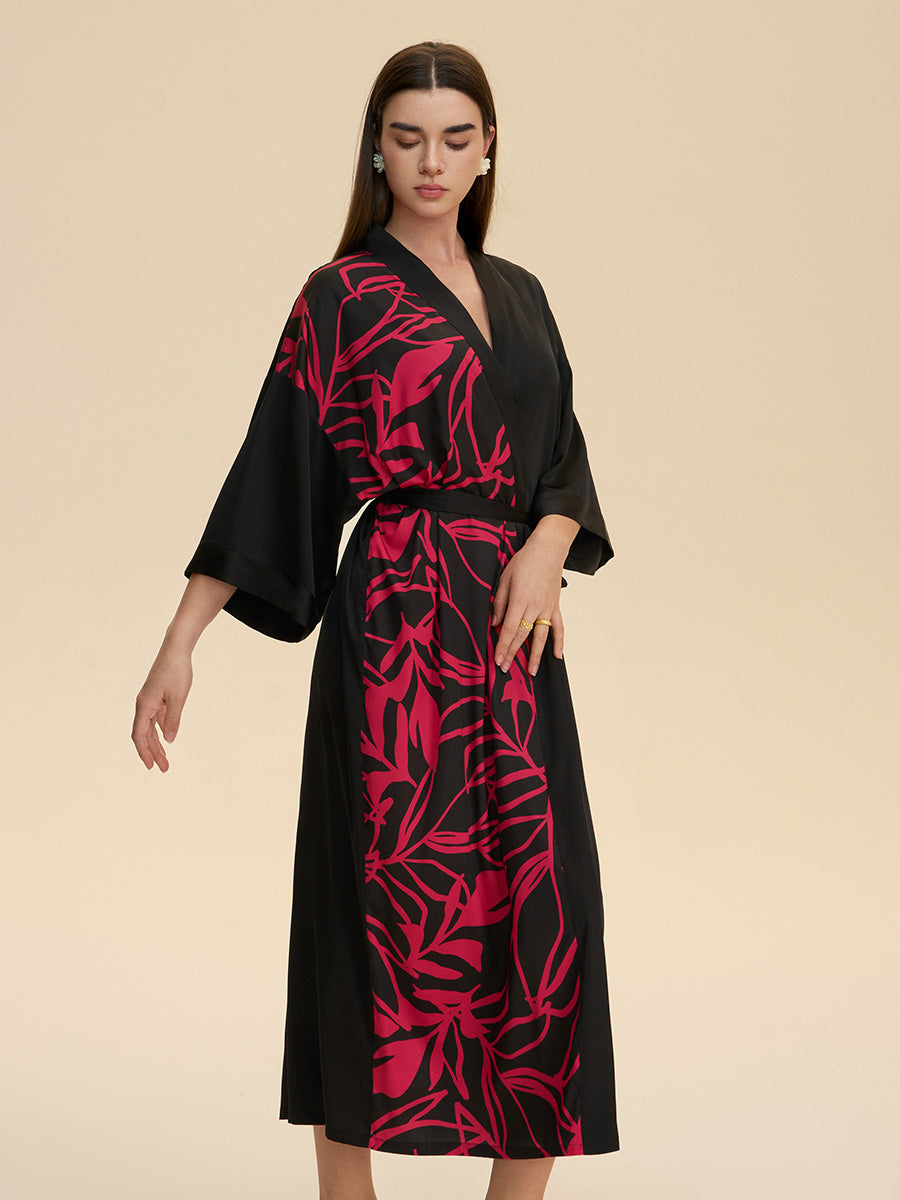 Colorblock Botanical Satin Kimono Robe