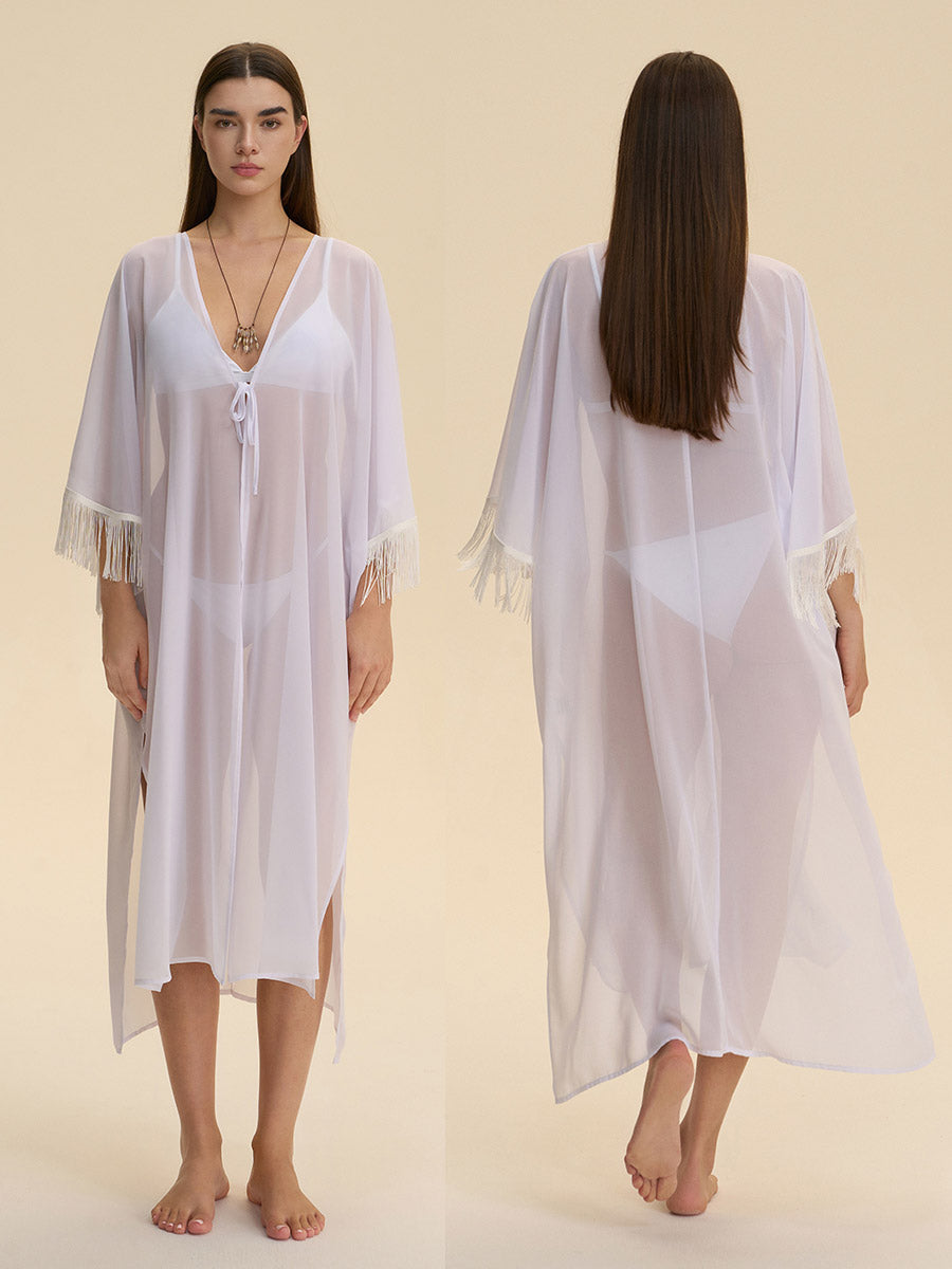 Fringe Trim Sheer Cover-Up Robe