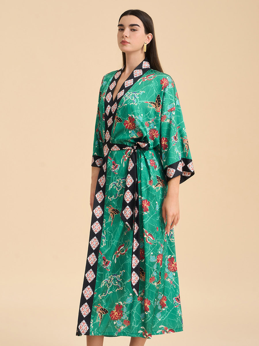 Green Floral Butterfly Satin Kimono Robe