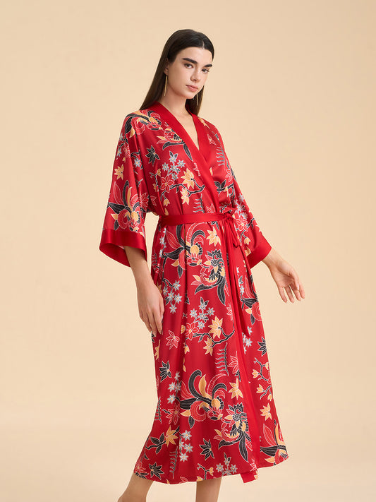 Oriental Floral Satin Kimono Robe