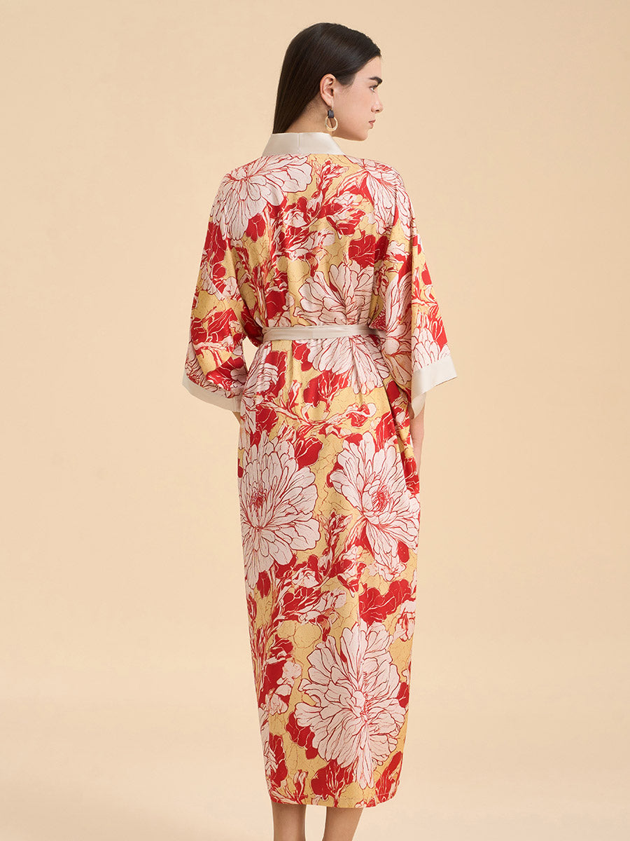 Deconstructed Peony Satin Kimono Robe