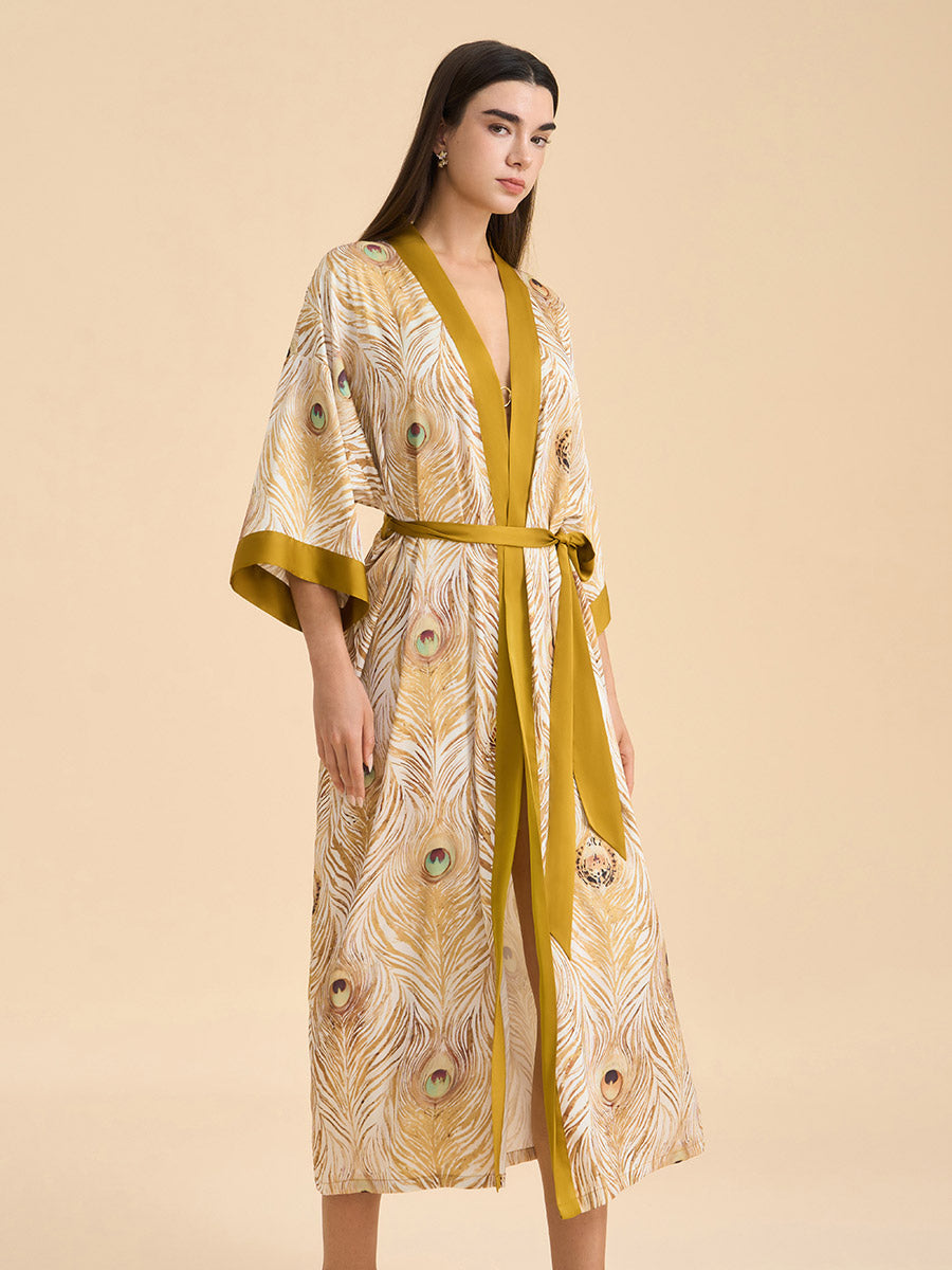 Peacock Feather Satin Kimono Robe