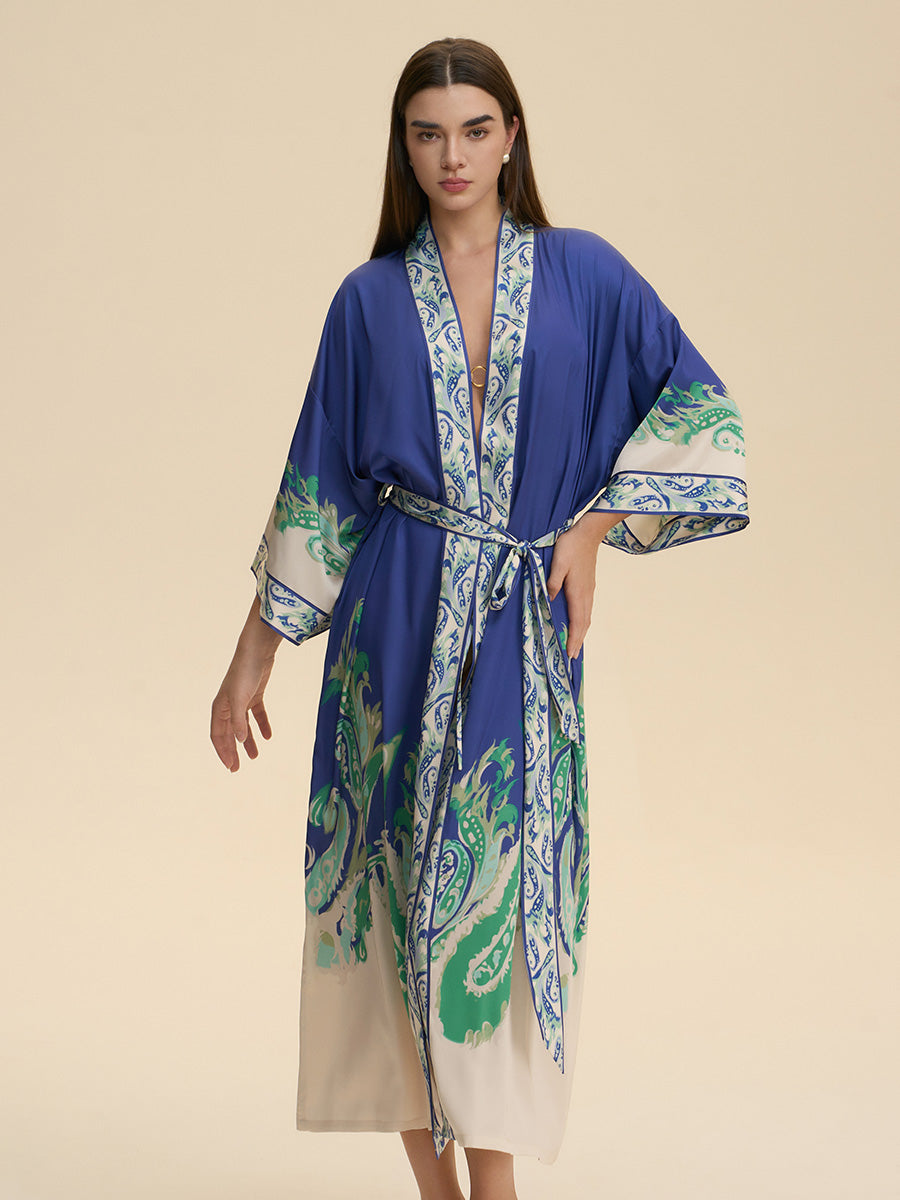 Royal Blue Paisley Satin Kimono Robe