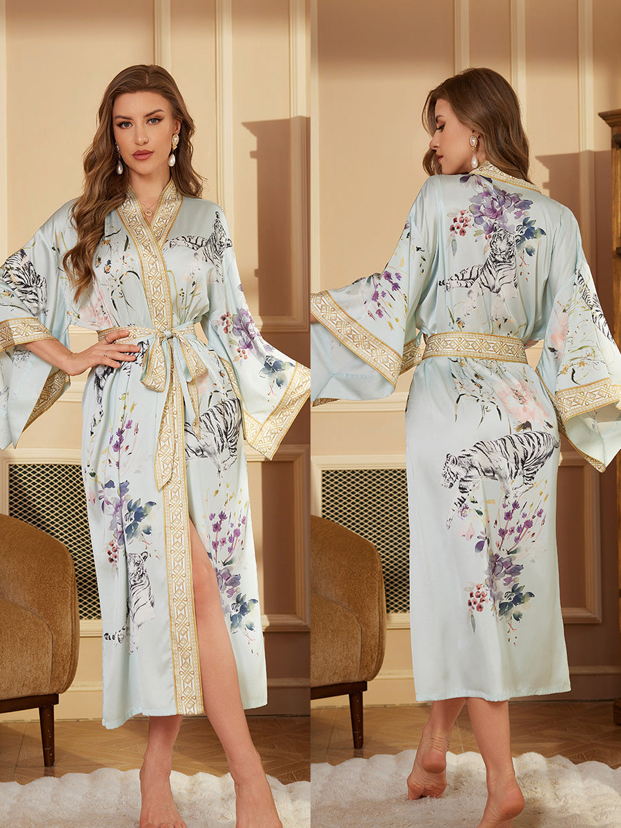 Tiger Floral Satin Kimono Robe