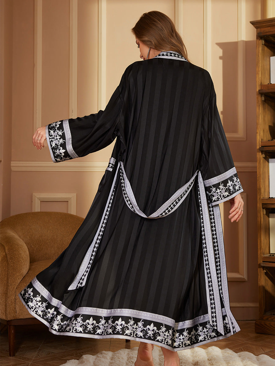 Black Stripe Trim Satin Chiffon Kimono Robe