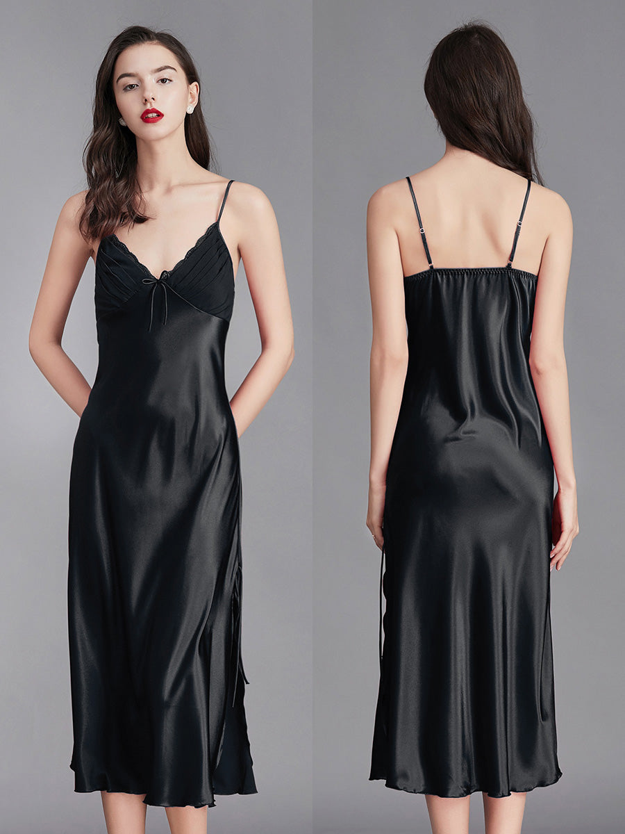 Black Silky Lace Trim Slip Dress