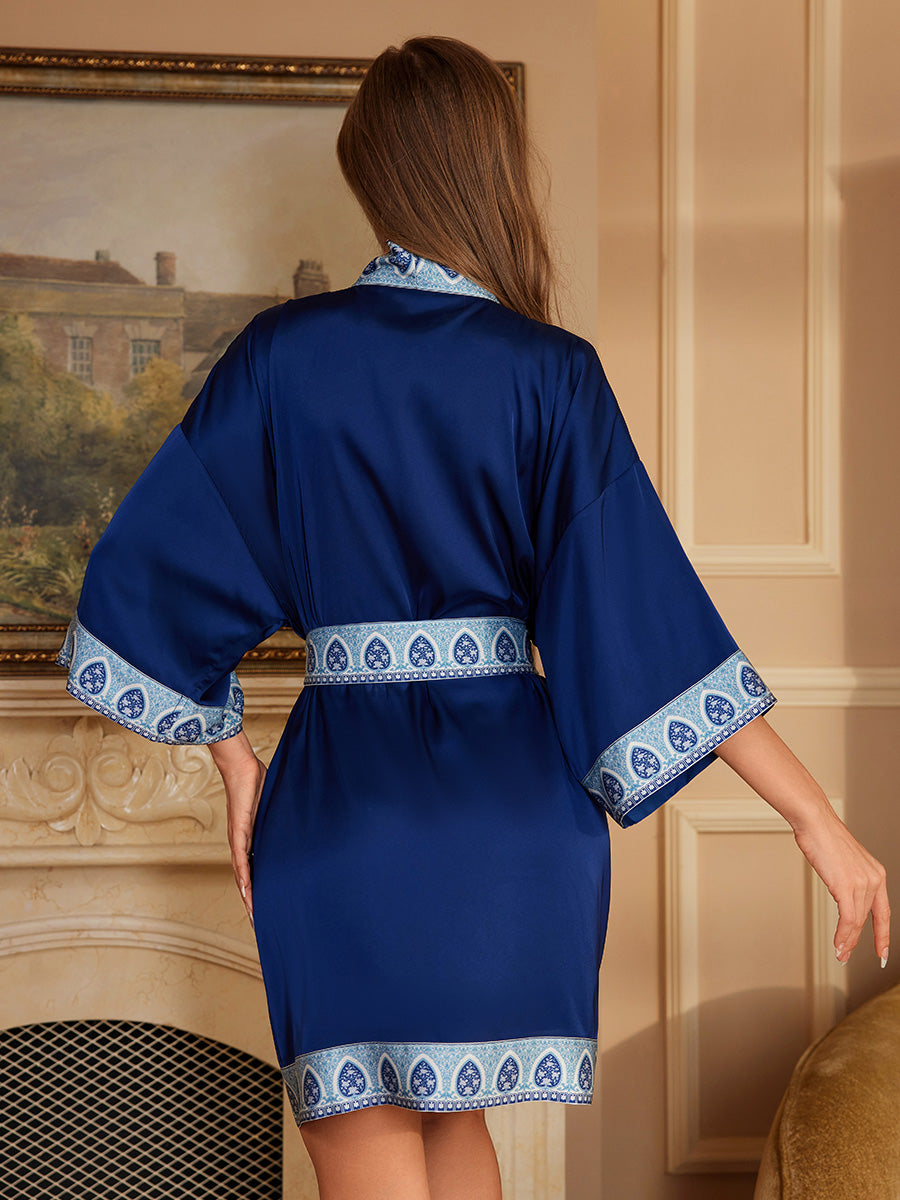 Navy Blue Satin Lounge Robe