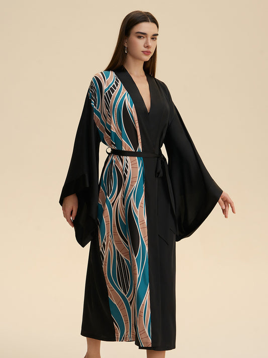 Black Abstract Wave Print Satin Kimono Robe