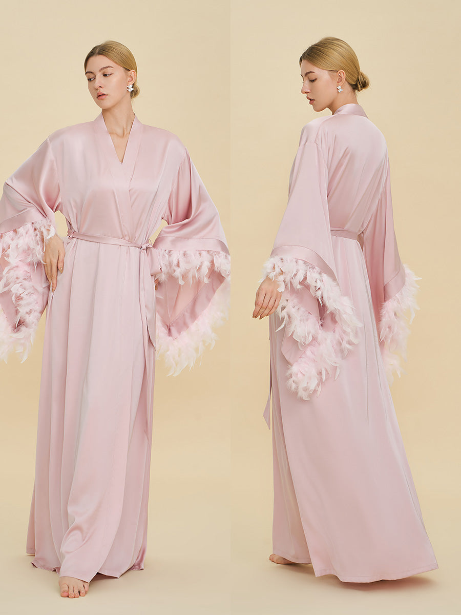 Blush Pink Satin Maxi Robe with Oversized Feather Cuffs