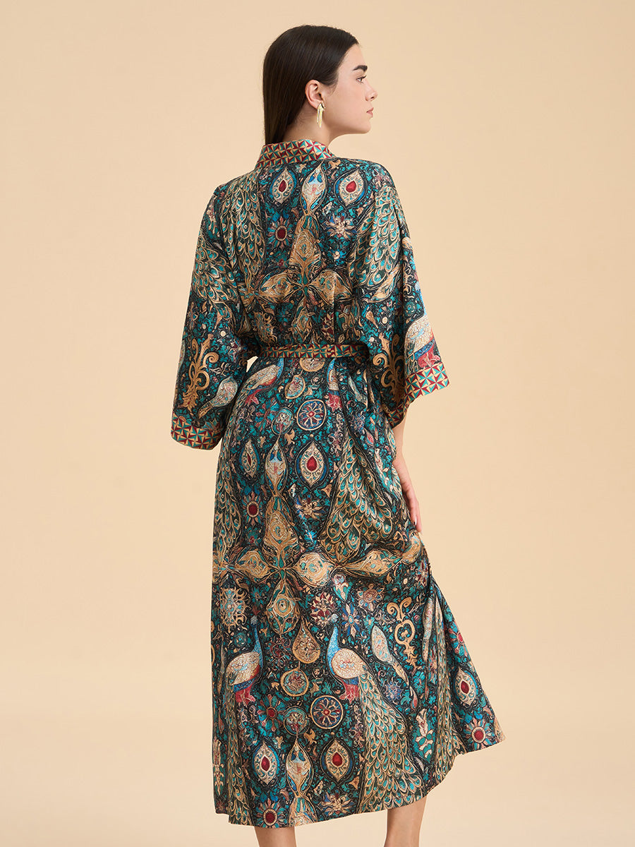 Peacock Print Satin Kimono Robe